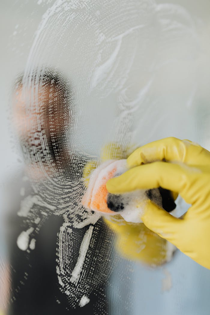 A man wearing yellow gloves cleans a bathroom mirror with a soapy sponge, ensuring hygiene and cleanliness.